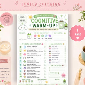 Può includere: Un foglio di lavoro stampabile per il riscaldamento cognitivo con una lista di controllo, un tracker dell'umore e una sezione per le intenzioni quotidiane. Il documento presenta accenti verdi e rosa, illustrazioni di sole, tazza e cervello, con testo in inglese.
