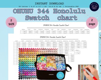 Ohuhu 344Honolulu Swatch Chart , Ohuhu 344 Honolulu Swatch Chart , Alcohol Marker Tracker,2Pages ,A5-USLetter,Instant Download PDF