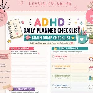 Può includere: Una checklist stampabile per la pianificazione quotidiana ADHD con sezioni per brain dump, smistamento e priorità. La pagina include icone colorate, una tazza con penne, una pianta e il testo ADHD DAILY PLANNER CHECKLIST e BRAIN DUMP CHECKLIST. Include formato A5 14,8x21 cm.