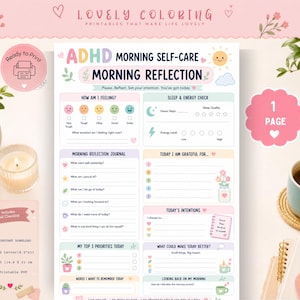 May include: A printable ADHD morning self-care and reflection journal page featuring pastel colors, a sun icon, and sections for feelings, sleep, energy, gratitude, intentions, and priorities. The document includes text labels and icons for daily planning.