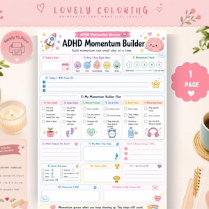 May include: A printable ADHD Momentum Builder worksheet featuring a pastel color palette with sections for daily focus, momentum planning, and self-reflection. The document includes cute illustrations of a rocket, a brain, and various icons.