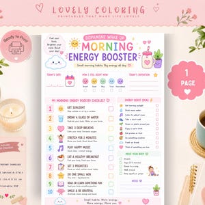 May include: A printable morning energy booster checklist featuring a colorful layout with ten numbered habits, sections for date, mood tracking, and energy boost ideas. The document includes text such as Dopamine Wake Up Morning Energy Booster.