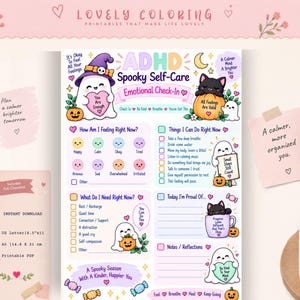 May include: A printable ADHD Spooky Self-Care emotional check-in sheet featuring cartoon ghosts, a black cat, and pumpkins. The document includes sections for feelings, coping strategies, and reflections with text like 'You Are Enough' and 'Small Steps Still Count'.