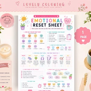 Pode incluir: Uma folha de reinicialização emocional imprimível da coleção ADHD Overwhelm. O documento apresenta gráficos em tons pastel, incluindo um sol, nuvens, corações e uma caneca, com seções para registrar sentimentos, gatilhos e necessidades.