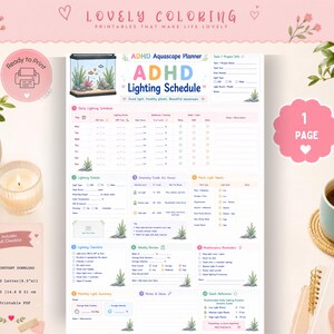 Könnte beinhalten: Eine druckbare ADHD-Aquascaping-Planer-Seite mit einem täglichen Beleuchtungsplan, Beleuchtungsdetails, Intensitätsleitfaden, Lichtbedarf für Pflanzen, Checkliste, wöchentlicher Überprüfung und Wartungshinweisen.