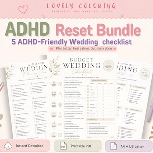 Pode incluir: Um pacote ADHD Reset Bundle com 5 listas de verificação de casamento, com texto incluindo ADHD Reset Bundle, 12 Month Wedding Planning Checklist, Budget Wedding Checklist e Intimate Wedding Checklist em papel branco com detalhes florais.