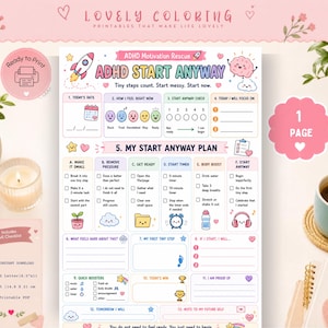 May include: A printable ADHD motivation rescue worksheet titled ADHD START ANYWAY with sections for daily tracking, emotional check-ins, and a step-by-step plan. The document features colorful illustrations of a rocket, brain, and clock.