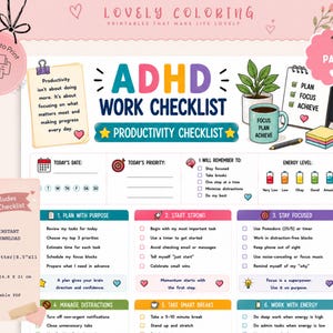 Peut inclure: Une page de liste de contrôle de travail TDAH imprimable avec des sections colorées pour la planification quotidienne, les priorités et le suivi de l'énergie. Le document inclut des titres comme ADHD Work Checklist, Plan, Focus, Achieve et des sections pour gérer les tâches.