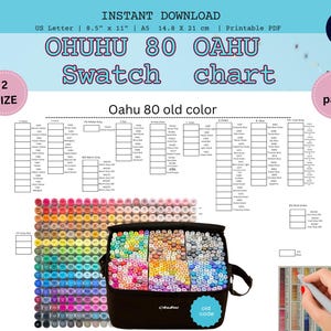 May include: A printable PDF featuring an Ohuhu 80 Oahu swatch chart. The chart includes color swatches, a black carrying case filled with markers, and the text "OHUHU 80 OAHU Swatch chart". The document size is 8.5" x 11".