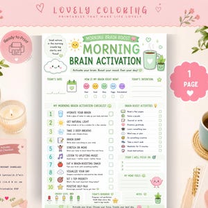 May include: A printable morning brain activation checklist featuring a green and white colour scheme with icons for hydration, movement, and mindfulness. The document includes sections for date, mood tracking, daily intentions, and a ten-step task list.