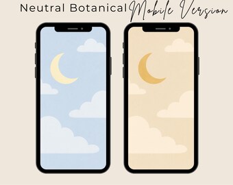 May include: Two black smartphones displaying a neutral botanical wallpaper. The left phone shows a light blue sky with white clouds and a yellow crescent moon. The right phone has a beige background with the same design. Text at the top reads "Wallpaper iphone Neutral Botanical Mobile Version". The bottom text reads "GENTLE AESTHETIC WALLPAPERS FOR CALM MINDS".