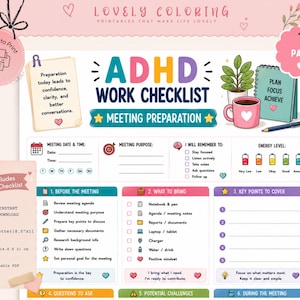 Peut inclure: Une liste de contrôle de travail TDAH imprimable pour la préparation de réunions avec des sections colorées, des icônes et du texte incluant 'ADHD WORK CHECKLIST', 'MEETING PREPARATION', 'PLAN FOCUS ACHIEVE' et 'Preparation today leads to confidence, clarity, and better conversations.'