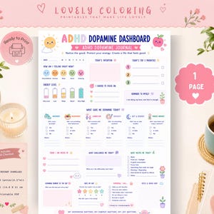 May include: A printable ADHD Dopamine Dashboard journal page featuring a colorful layout with sections for daily intentions, energy levels, priorities, and mood tracking. The document includes text prompts, checkboxes, and icons for daily reflection.