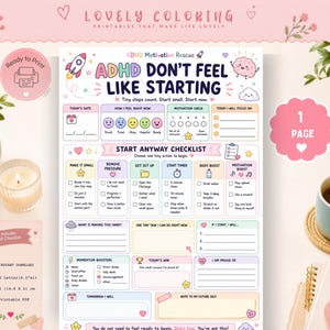 May include: A printable ADHD motivation rescue worksheet featuring pastel colors and cartoon illustrations. The text reads ADHD DON'T FEEL LIKE STARTING, Tiny steps count. Start small. Start now. It includes sections for a checklist, motivation check, and daily goals on a white background.