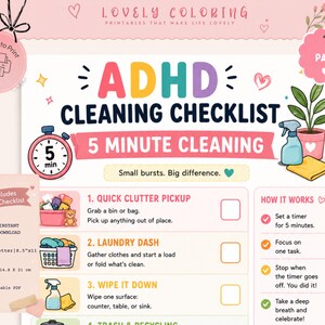 Może przedstawiać: Drukowalna lista kontrolna sprzątania ADHD zatytułowana 5 Minute Cleaning z kolorowymi ikonami, w tym minutnikiem, butelką ze sprayem i rośliną. Dokument zawiera listę zadań, takich jak szybkie sprzątanie i pranie, z wymiarami w cm.