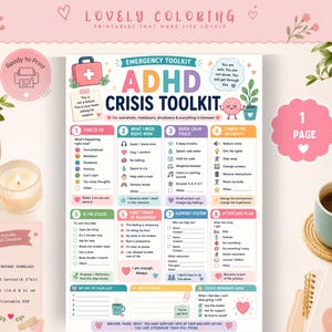 Puede incluir: Un documento imprimible de kit de herramientas de crisis TDAH que presenta ocho secciones numeradas con estrategias de afrontamiento, listas de verificación y recursos de apoyo. El diseño colorido incluye iconos, indicaciones de texto y un encabezado titulado ADHD CRISIS TOOLKIT.
