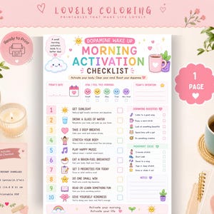 May include: A printable morning activation checklist with a pastel colour palette. The document features a numbered list of ten daily tasks, mood trackers, dopamine boosters, and movement ideas, all decorated with small icons like suns, hearts, and clouds.