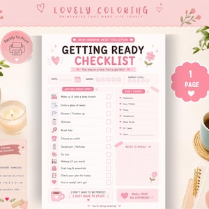 May include: A pink and white printable Getting Ready Checklist with the text ADHD Morning Reset Collection. The document includes sections for date, mood, energy level, daily steps, items to remember, and notes, decorated with small heart and flower icons.