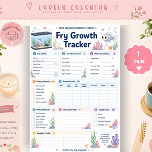 Könnte beinhalten: Ein druckbarer ADHD-Aquarium-Zuchtplaner mit dem Titel Fry Growth Tracker, der Abschnitte für Brutdetails, Wachstum, Wasserparameter, Fütterungscheckliste, Wachstumsaufzeichnungen, wöchentliche Meilensteine, Notizen und Gesundheitschecks enthält.