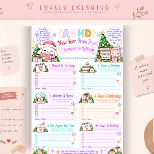Puede incluir: Una página de planificador imprimible ADHD New Year Brain Reset con seis secciones para tareas, ideas, preocupaciones, relaciones, notas y sentimientos. El diseño incluye ilustraciones festivas coloridas, casillas de verificación y texto.