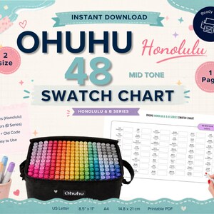 Könnte beinhalten: Ein digitaler Ohuhu Honolulu 48 Mid-Tone Farbmuster-Chart. Die Grafik enthält den Text Ohuhu Honolulu 48 Mid Tone Swatch Chart, Honolulu & B Series, 2 size, 1 page sowie US Letter 8.5 x 11 inches oder A4 14.8 x 21 cm printable PDF.