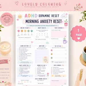 May include: A printable ADHD dopamine reset and morning anxiety reset checklist featuring sections for feelings, anxiety check-ins, intentions, calming menus, worry dumps, tiny step plans, self-care, and gentle reminders with pastel illustrations.