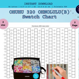 May include: A printable PDF swatch chart for Ohuhu 320 Honolulu(B) markers. The chart includes color swatches and a black carrying case filled with markers. The text on the chart reads "OHUHU 320 OHNOLULU(B) Swatch Chart". The chart is 8.5" x 11".