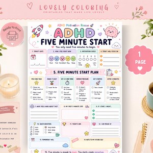 Może przedstawiać: Strona do druku ADHD Five Minute Start z pastelowymi kolorami, rakietą i ilustracją mózgu. Dokument zawiera sekcje dotyczące codziennego skupienia, sprawdzania motywacji oraz ustrukturyzowany plan zadań na pięć minut.