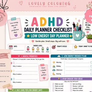 Könnte beinhalten: Eine druckbare ADHD-Tagesplaner-Checkliste mit Abschnitten für sanfte Prioritäten, energieeffiziente Pläne und Aufgabenideen. Das Dokument enthält Energie-Level-Tracker, farbenfrohe Symbole und motivierende Texte wie 'Done is better than perfect' und 'Low energy days are still productive days.'