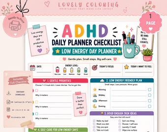 Pacchetto agenda giornaliera per ADHD, agenda stampabile per ADHD, agenda per le funzioni esecutive, dashboard di produttività, lista di controllo per il brainstorming
