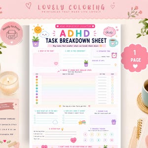 May include: A printable ADHD task breakdown sheet featuring a colourful, structured layout with sections for task details, step-by-step planning, and progress tracking. The document includes cute illustrations like a sun, cloud, brain, and coffee mug.