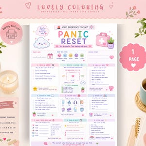 May include: A printable ADHD emergency toolkit worksheet titled Panic Reset with pastel colors, featuring sections for grounding techniques, breathing exercises, and self-care checklists, including text like You are safe and This feeling will pass.