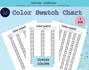 May include: Three white printable color swatch charts with the text "Color Swatch Chart" and "27,40,60 COLORS". The charts are labeled with "BRAND" and "Set" and include a series of flag-shaped color blocks.