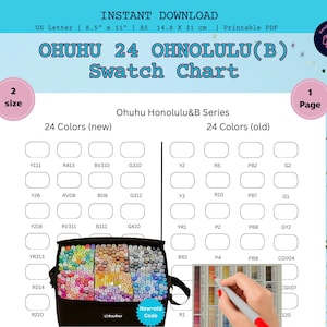 May include: A printable PDF swatch chart for Ohuhu 24 Ohnolulu(B) markers. The chart includes color swatches for 24 new and 24 old colors, with a black carrying case filled with markers. The chart is sized for US Letter (8.5" x 11") and A5 (14.8 x 21 cm) paper.