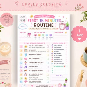 Könnte beinhalten: Eine druckbare Checkliste für eine 15-minütige Morgenroutine mit Stimmungs-Tracker und Zielbereich. Das Dokument enthält farbenfrohe Symbole, Text und Kontrollkästchen auf weißem Hintergrund im Format 21 cm mal 29,7 cm.
