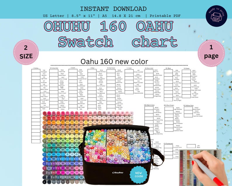 Ohuhu 160 Oahu Swatch Chart New Colors | Printable Marker Chart for ...