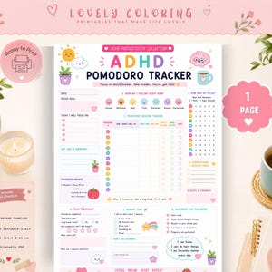 May include: A printable ADHD Pomodoro tracker sheet featuring a pastel color palette, task lists, focus goals, and session tracking sections. The document includes text headers like ADHD POMODORO TRACKER, sections for daily summaries, and reward planning.