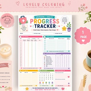 Könnte beinhalten: Ein druckbares Notfall-Toolkit-Fortschritts-Tracker-Blatt mit Abschnitten für tägliches Tracking, wöchentliche Übersicht, Gewohnheits- und Routine-Checklisten, einen Stimmungstracker und Notizen mit bunten Symbolen und motivierendem Text.