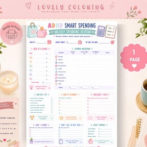 May include: A printable ADHD Smart Spending weekly spending review planner page featuring sections for weekly budget, spending breakdown by category, wins to celebrate, challenges faced, and a weekly summary with icons of a piggy bank and calculator.