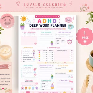 May include: A printable ADHD Deep Work Planner page featuring a white background with pastel pink, yellow, and blue accents. The document includes sections for goals, session plans, time blocks, distractions, and notes, decorated with small cartoon icons.