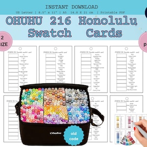 May include: A black carrying case filled with colorful markers sits in front of printed swatch cards. The cards are labeled "OHUHU 216 Honolulu Swatch Cards" and include color names and spaces for color swatches. The image also includes the text "Instant Download".