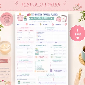 May include: A printable ADHD monthly financial planner page featuring sections for paycheck breakdown, essential bills, debt payoff, and savings goals. The document includes pastel-colored icons of a piggy bank, wallet, and calendar with text in English.