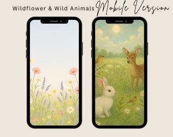 May include: Two black smartphones displaying floral and animal-themed wallpapers. One features pink poppies and lavender, the other a deer, rabbit, and birds in a meadow. Text reads "Wallpaper iphone Wildflower & Wild Animals Mobile Version".