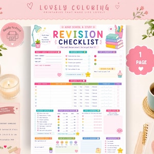 Peut inclure: Une fiche de révision imprimable pour l'école et les études avec des en-têtes colorés, des sections pour les détails d'examen, les objectifs, un suivi de session et des évaluations de confiance, incluant le texte "ADHD SCHOOL & STUDY REVISION CHECKLIST".