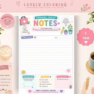 May include: A printable emergency toolkit notes page featuring a colorful header, a lined section for daily notes, a brain dump zone, and sections for reminders and goals. The design includes illustrations of a first aid kit, plants, and hearts.