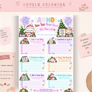 May include: A printable ADHD New Year Brain Reset planner page featuring six sections for tasks, commitments, distractions, drains, ideas, and mental clutter. The design includes colorful holiday illustrations, checkboxes, and lines for notes on an 8.5 x 11 inch sheet.