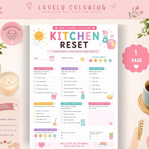 May include: A printable kitchen cleaning checklist titled Kitchen Reset with sections for daily goals, cleaning tasks, and energy tracking. The document features colorful icons, including a sun, hearts, and cleaning supplies, on a white background.