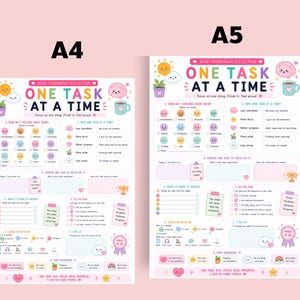 Pu&ograve; includere: Due pianificatori di attivit&agrave; della collezione ADHD overwhelm etichettati A4 e A5. Ogni foglio presenta il testo ONE TASK AT A TIME, illustrazioni colorate di un sole, nuvole, un cervello e una tazza, con sezioni per monitorare sentimenti e progressi.