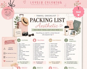 Aesthetic Packing List Printable, Travel Checklist PDF, Vacation Packing Planner, Travel Essentials Checklist