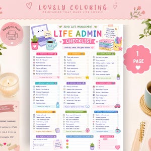 May include: A printable ADHD life management checklist featuring colorful sections for personal, financial, home, health, digital, vehicle, work, legal, and social tasks. The document includes checkboxes, cute illustrations, and text headers.